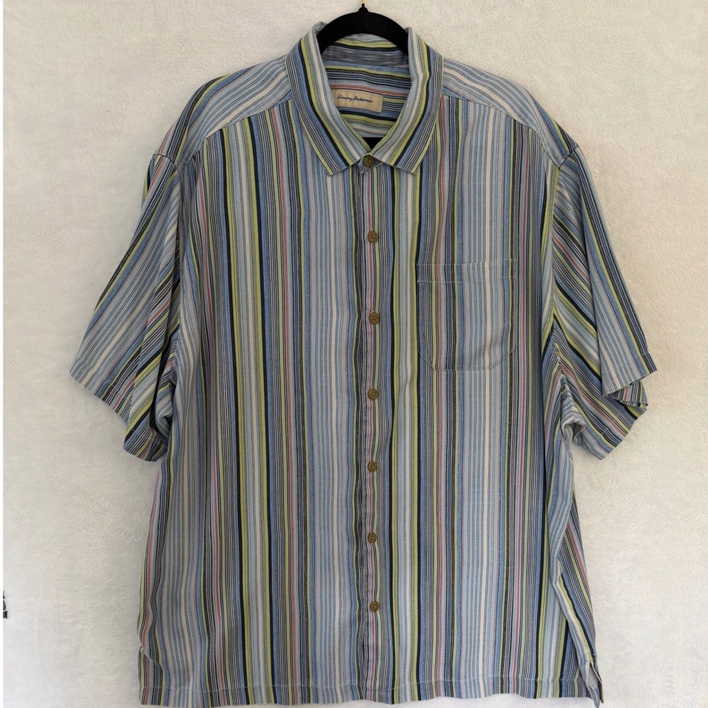 Tommy Bahama Men 2XB Silk Blend Striped Short Sleeve Camp Shirt Blue Green Multi